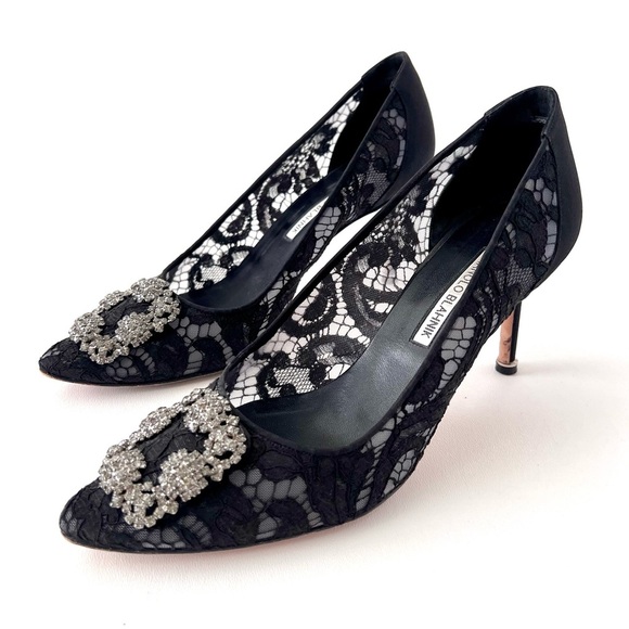 MANOLO BLAHNIK | Hangisi Black Lace Jewel Buckle Embellished Pump Heel EU 40.5 - Picture 1 of 14